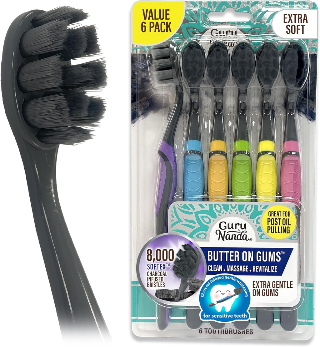 Butter on Gums Charcoal Toothbrush - 8000+ Softextm Bristles for Sensitive Teeth & Gums, Aids in Teeth Whitening, Extra Soft (6 Count)