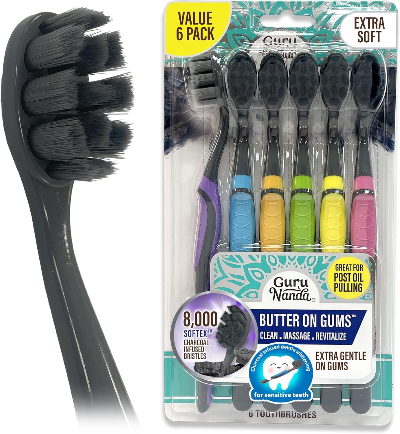 Butter on Gums Charcoal Toothbrush - 8000+ Softextm Bristles for Sensitive Teeth & Gums, Aids in Teeth Whitening, Extra Soft (6 Count)