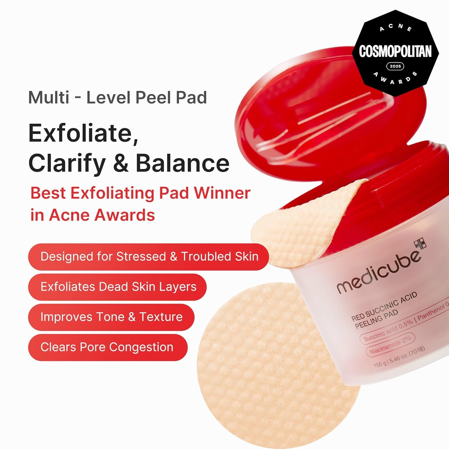 Toner Pads Red Succinic Acid Panthenol Facial Peeling Pad | Exfoliating Toner Pad for Breakout-Prone Skin | Niacinamide, AHA, BHA, and Soothing Panthenol - Non-Comedogenic, 70 Pads (1 Pack)