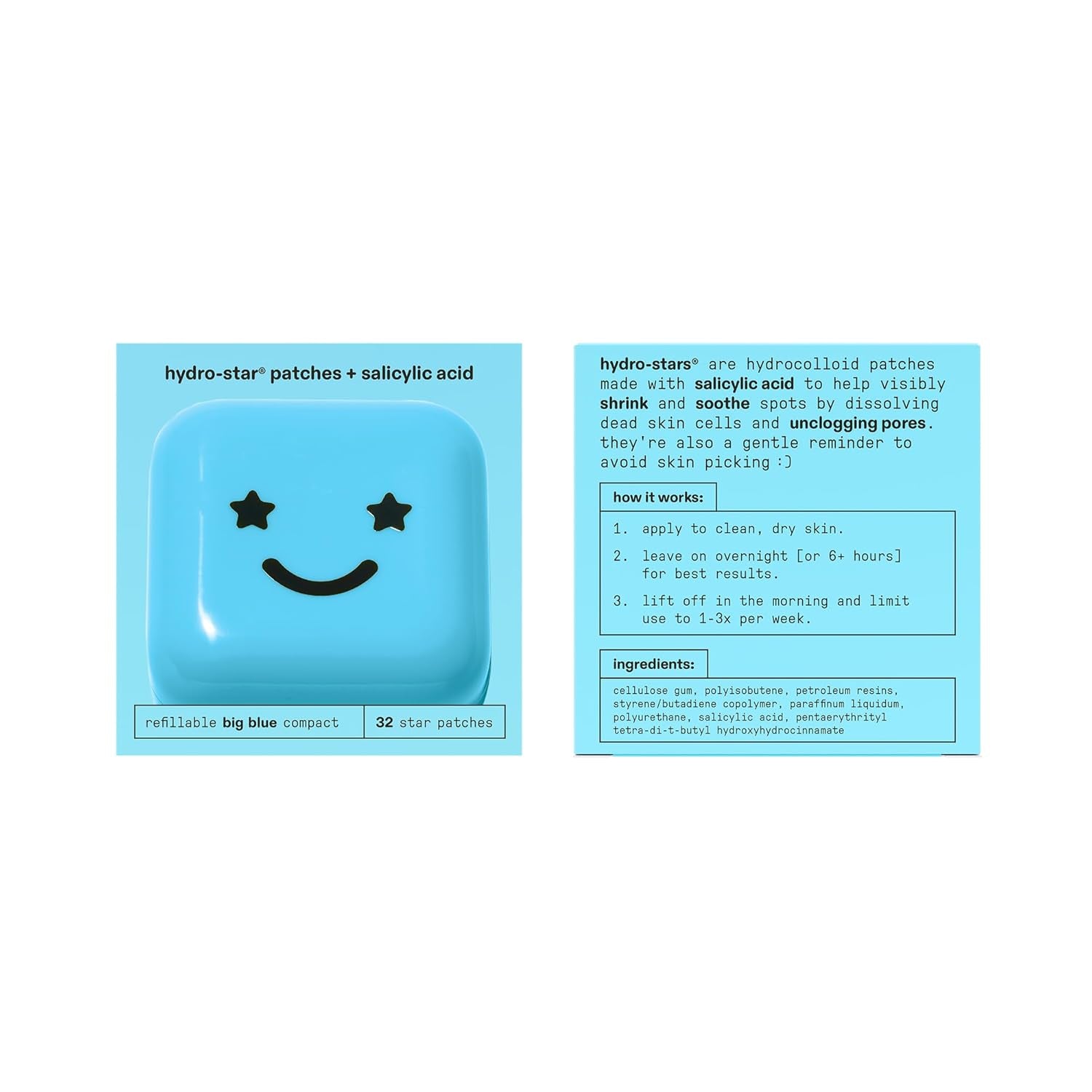 Hydro-Star Salicylic Acid Patches + Big Blue Compact, Helps Unclog Pores and Shrink Spots, Absorb Fluid and Reduce Redness, Hydrocolloid, Vegan and Cruelty-Free Skincare (32 Count)