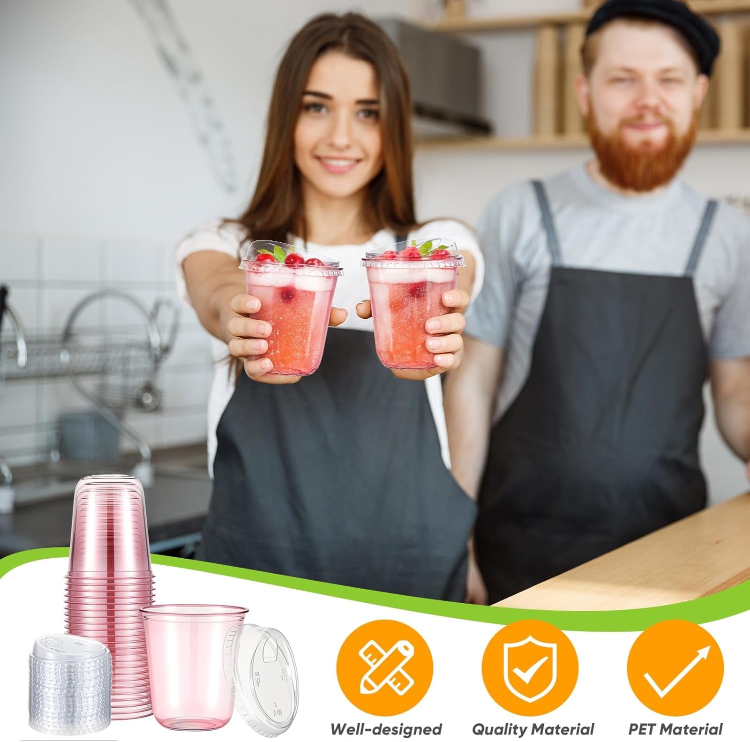 50 Sets Clear Plastic Coffee Cups with Sip Lids, Disposable Plastic PET Crystal Cups for Iced Coffee, Smoothie, Cold Beverage, Drink Shops and Party Catering (Clear Pink,14 Oz)