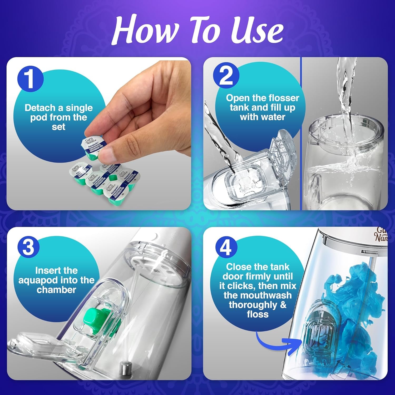 Advanced Dental Water Flosser 3.0 with UV Mode Water Flosser & 24 Aquapods with Mouthwash for Fresh Breath & Plaque Removal, Compact & Tsa-Friendly
