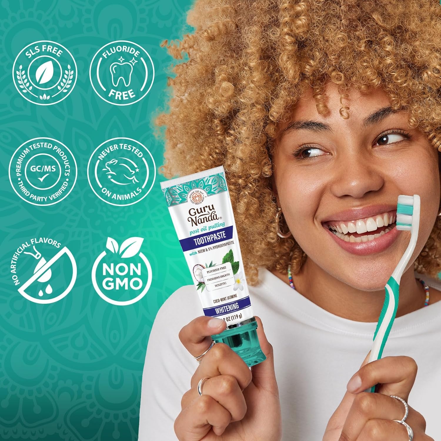 Hydroxyapatite Toothpaste for Whitening with Neem & Xylitol, SLS & Fluoride Free Formula with Tongue Scraper & Squeezer - Freshens Breath, Fights Plaque - Natural Cocomint Jasmine, 4.2Oz