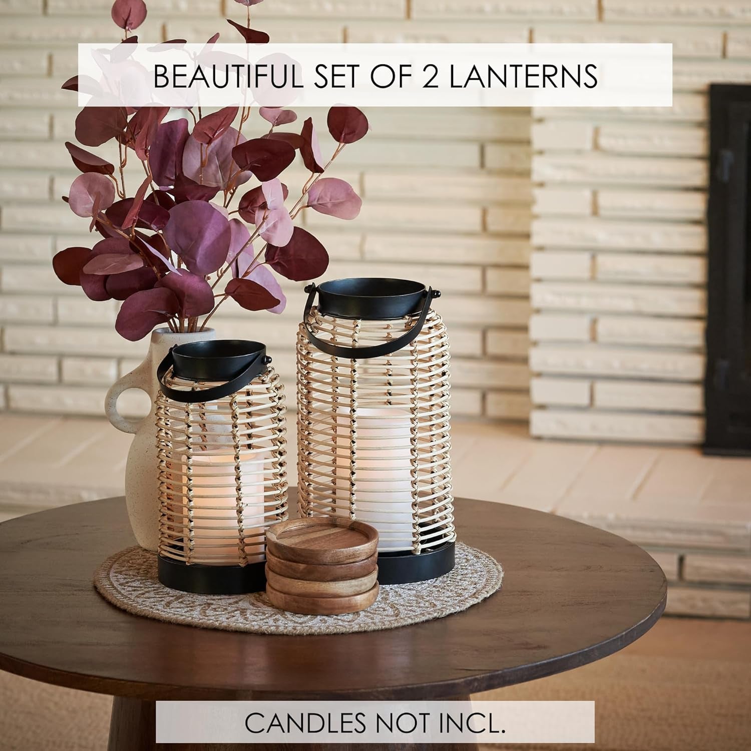 Natural Rattan Boho Lanterns - Handcrafted Chic Decor to Enhance Your Home - Modern Farmhouse Beauty Perfect for Any Living Room, Patio & Porch, Indoor and Outdoor Coffee Table or Kitchen Dining Table