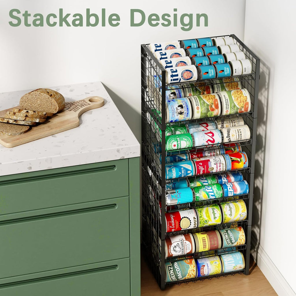 2-Tier Stackable Can Rack Organizer for Pantry, Adjustable Can Dispenser Holds up to 60 Cans, Can Storage Holder for Various Ounces of Canned Food Soda Drinks, Black, 2 Pack