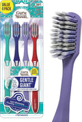 Gentle Giant Toothbrush with Dual Action Flossing Spiral Bristles, Non-Slip Ergo Dexa Grip, Helps in Teeth Whitening, BPA Free Manual Toothbrushes, Assorted Colors, 4 Count