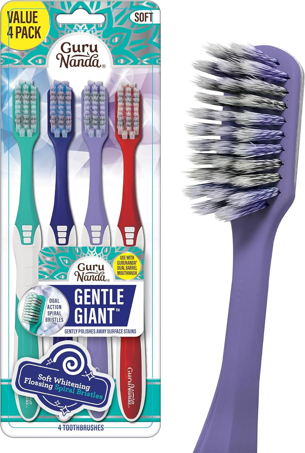 Gentle Giant Toothbrush with Dual Action Flossing Spiral Bristles, Non-Slip Ergo Dexa Grip, Helps in Teeth Whitening, BPA Free Manual Toothbrushes, Assorted Colors, 4 Count
