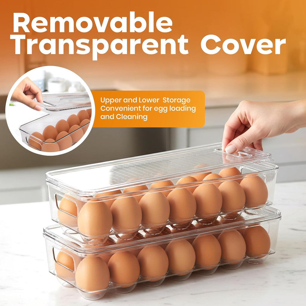 Egg Container with Lid and Handle for Refrigerator Organization- Pack of 2 - Clear Stackable Egg Holder for Kitchen or Pantry Organizers and Storage