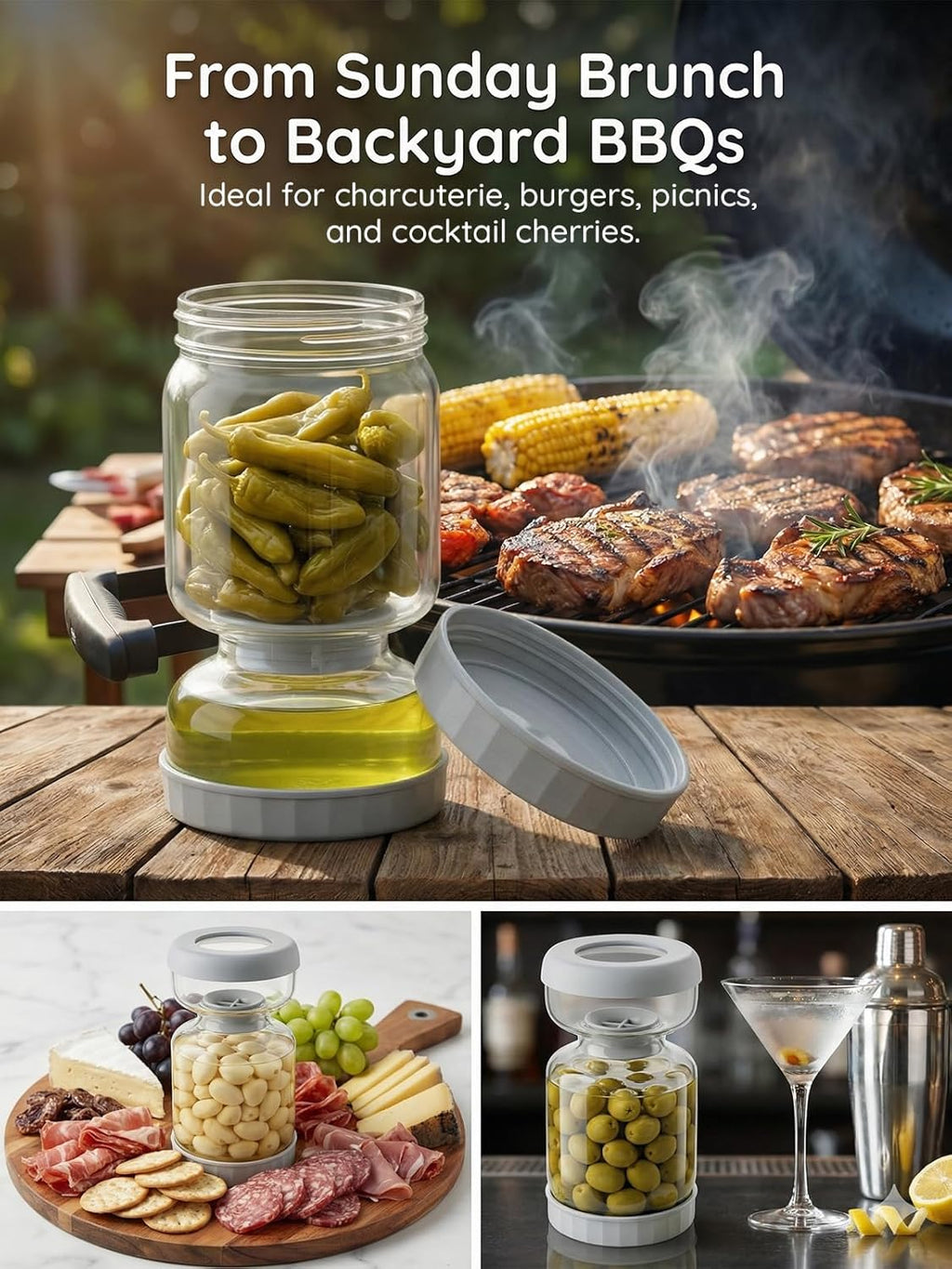 Pickle and Olive Hourglass Jar with Strainer Flip for Pickle Juice Separator from Wet and Dry, Upgrade Food-Grade ABS Lid and BPA Free Hourglass Jar for Airtight Storage