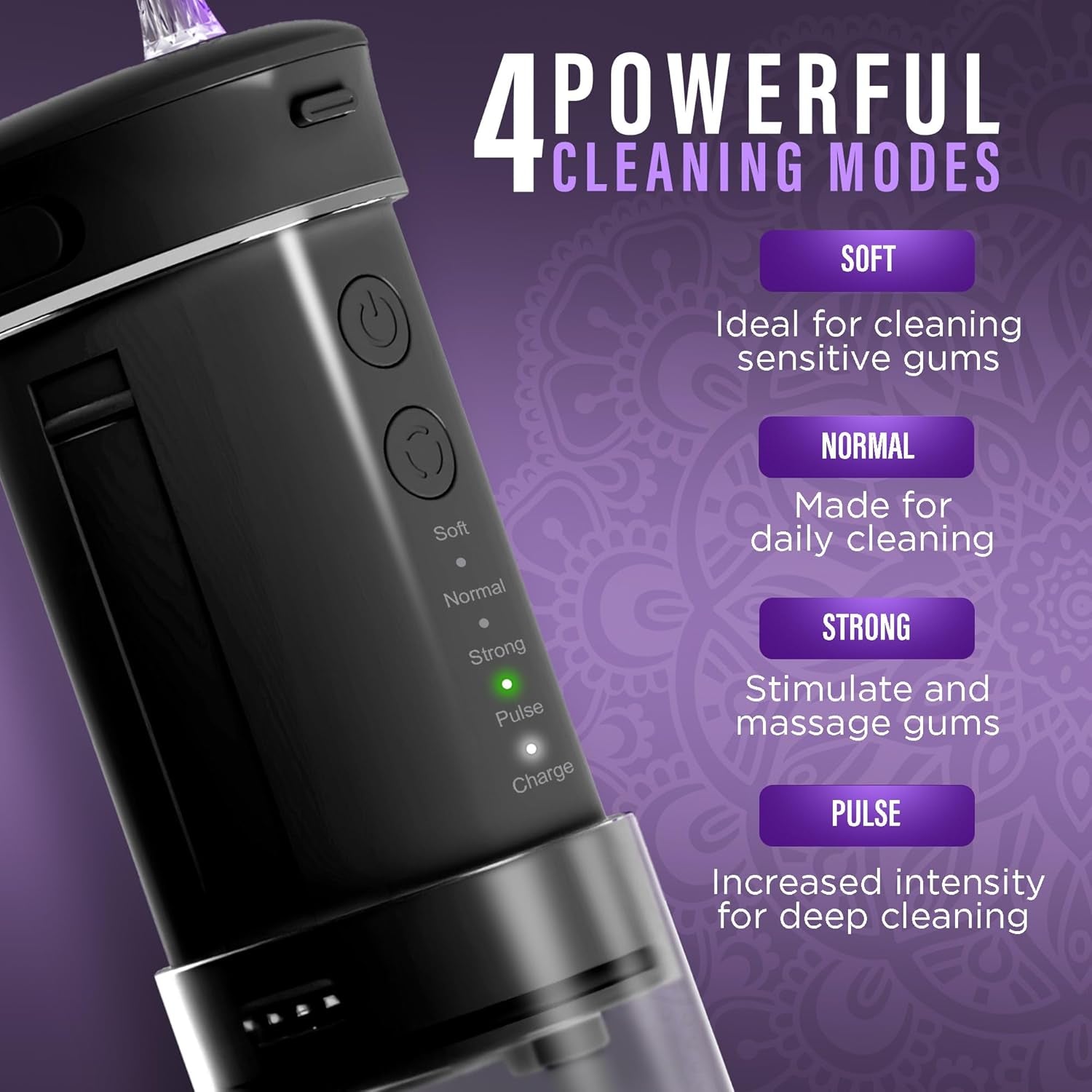 Compact Water Dental Flosser, Portable Travel Size Oral Irrigator Flosser with Collapsible 180 Ml Tank, Smart Timer, 4 Flossing Modes, Tsa-Friendly - Black
