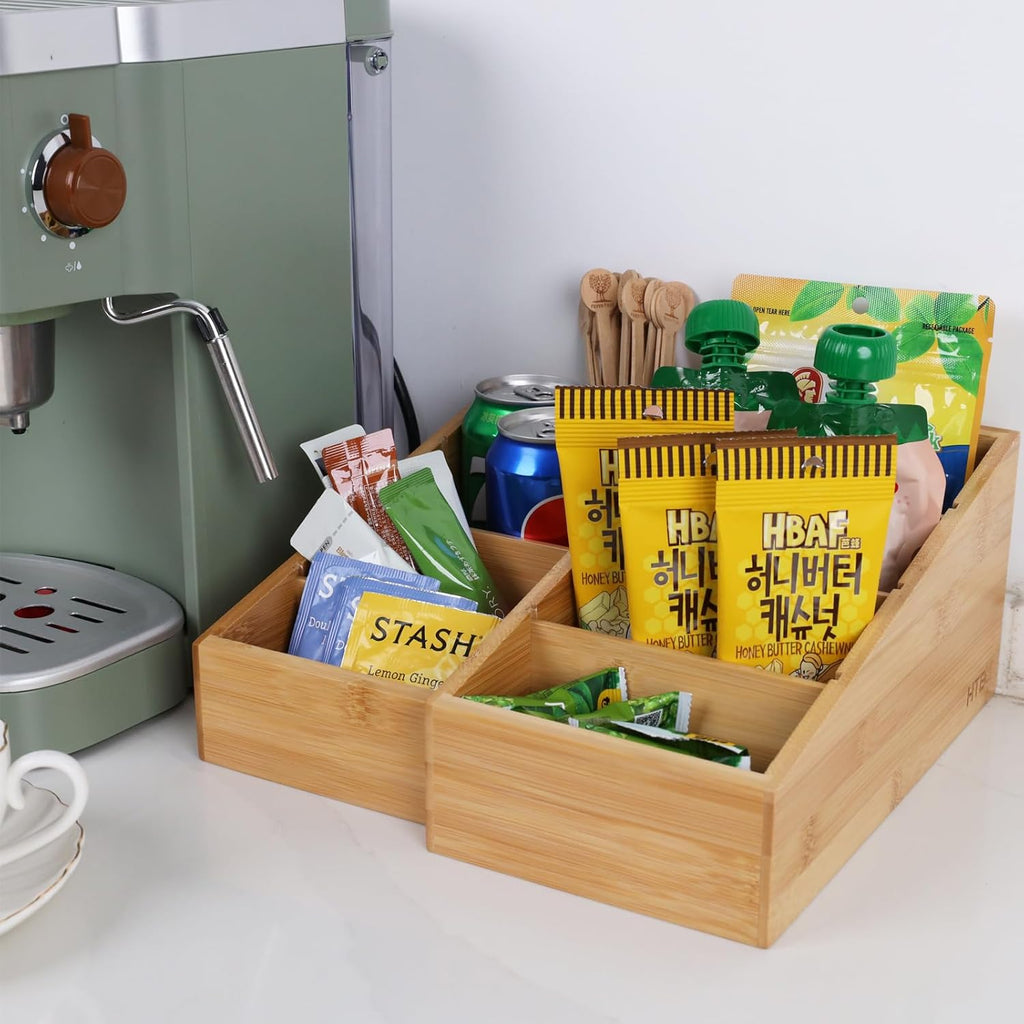 4-Section Snack Organizer with Removable Dividers for Kitchen, Cabinet, Office, Countertop, 2 Pack Bamboo Pantry Storage Organization for Spice Packets, Seasoning Pouches, Coffee Pods