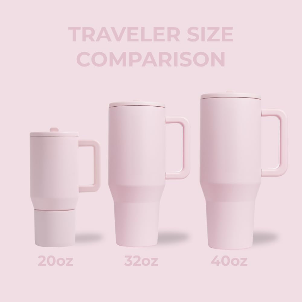 Traveler - 32 Oz Water Bottle with Handle & Flip Straw - Fits in Cup Holder, Leak Resistant Tumbler-Reusable Insulated Stainless Steel & Rubber Base - Gifts for Women & Men, Pink Sand