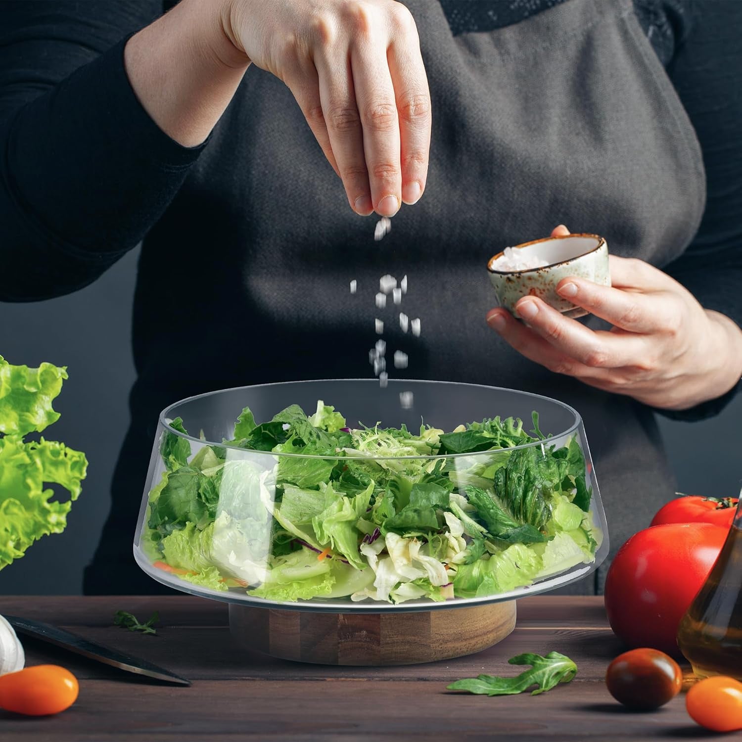 Extra Large Glass Salad Bowl Set - Party Salad Bowls with Acacia Wood Base and Serving Utensils - Elegant and Practical Kitchen Must-Have