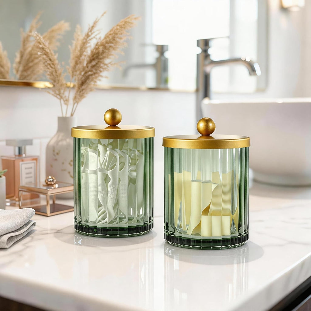 Sage Green Glass Qtip Holder Dispenser, Bathroom Canister Apothecary Jar for Cotton Swabs, Cotton Balls, round Pads, Floss Picks, Countertop Storage Organizer Container for Vanity,Gold 2 Pack