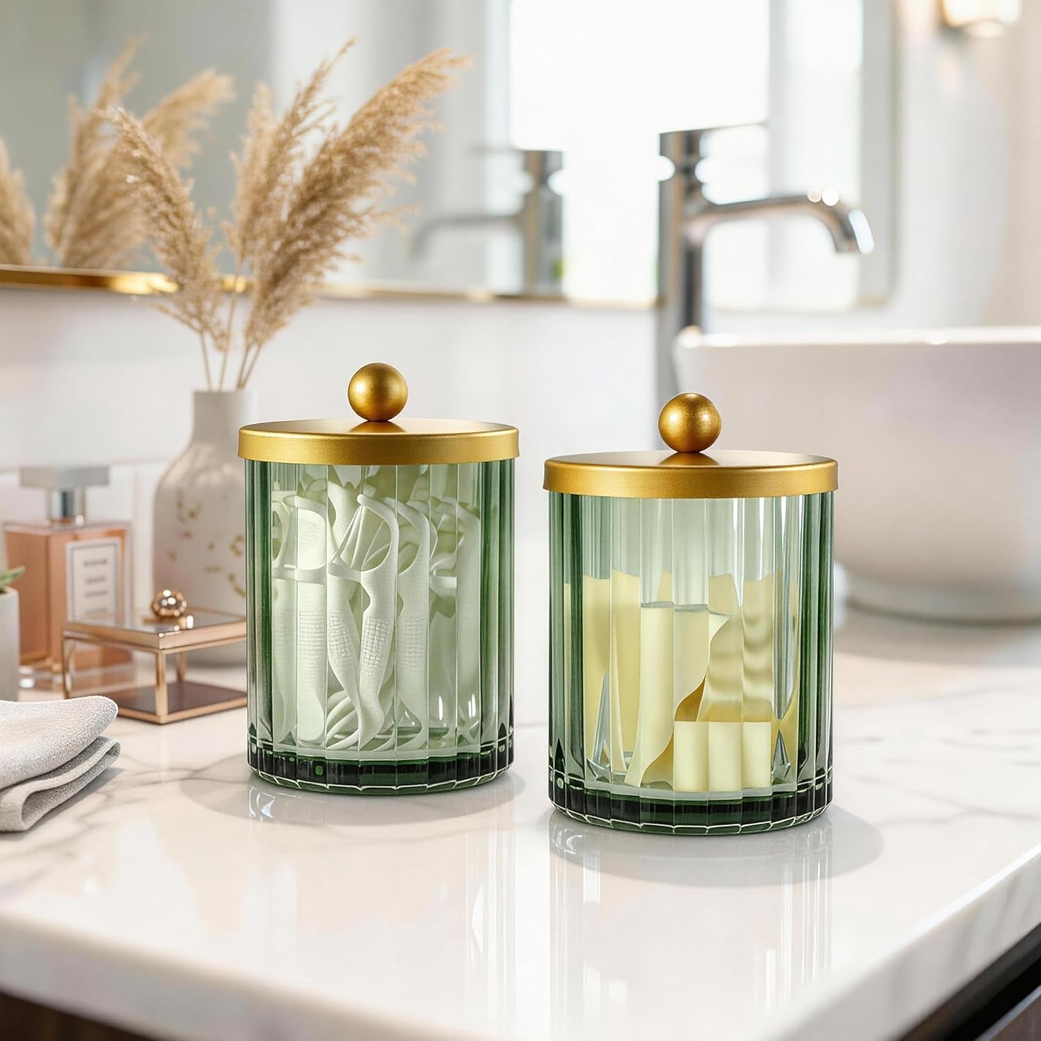 Sage Green Glass Qtip Holder Dispenser, Bathroom Canister Apothecary Jar for Cotton Swabs, Cotton Balls, round Pads, Floss Picks, Countertop Storage Organizer Container for Vanity,Gold 2 Pack