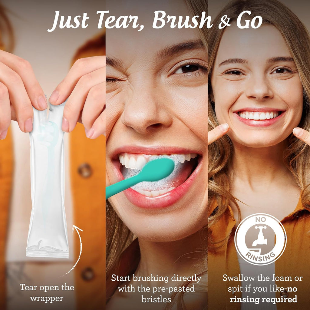 Ready-To-Go Disposable Mini Travel Toothbrush - Butter on Gums Softex Bristles, Prepasted Toothbrush & Toothpick - Fluoride-Free, No Rinsing Needed, Individually Wrapped, 70 Ct