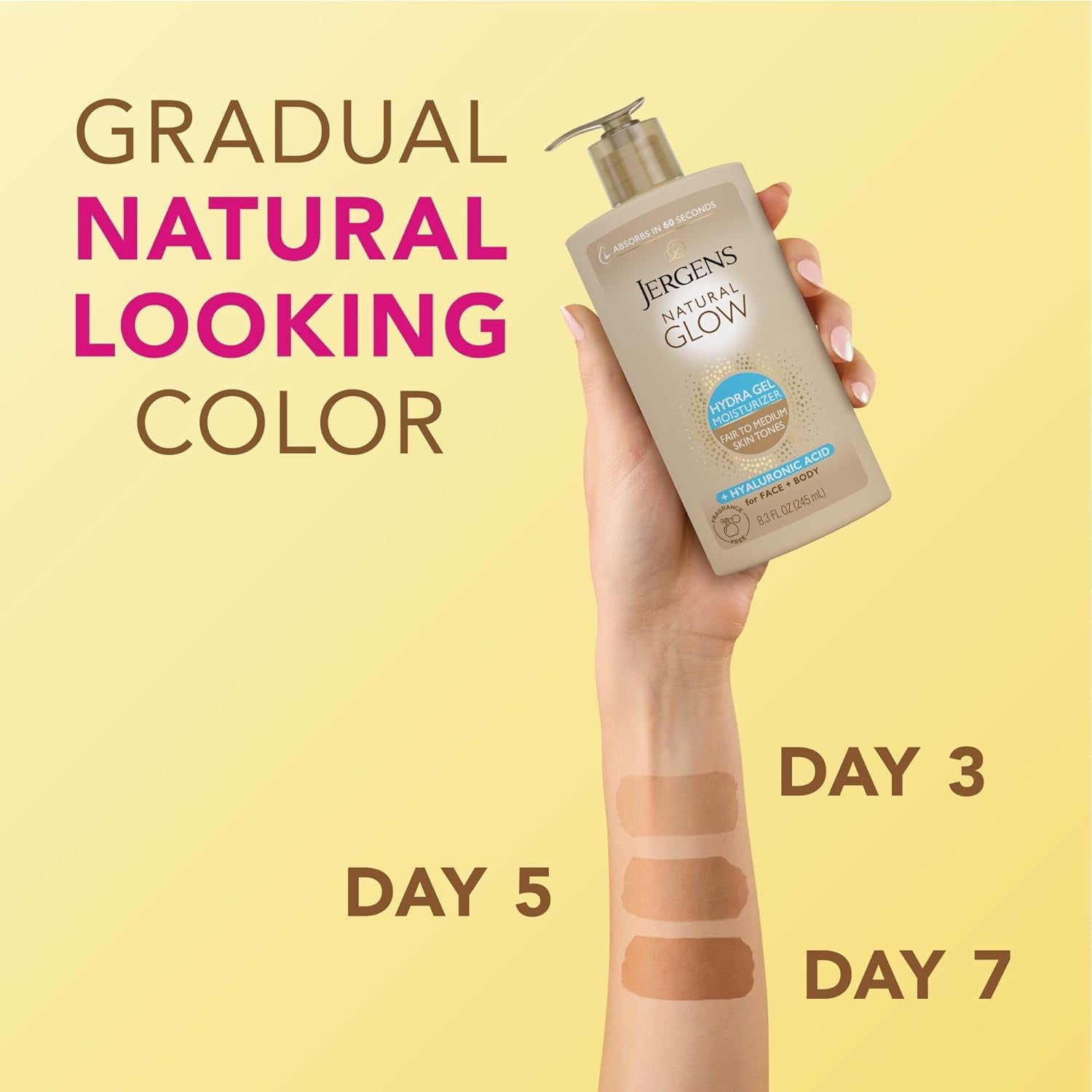 Natural Glow Hydra Gel Moisturizer, Gradual Tanning Lotion with Hyaluronic Acid, Hydrating Tanning Gel, Fragrance-Free Self Tanner, Fair to Medium Skin Tone, 8.3 Fl Oz