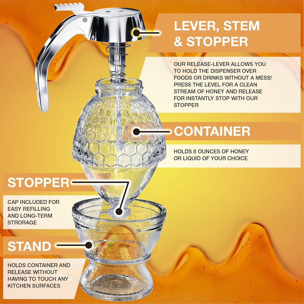 Honey Dispenser – No Drip Glass with Stand – Honey Jar – Clear Glass Honey Container with Dipper 8 Oz – Maple Syrup Dispenser – Honey Pot with Stand – Honey Bottle with Flip Top Lid