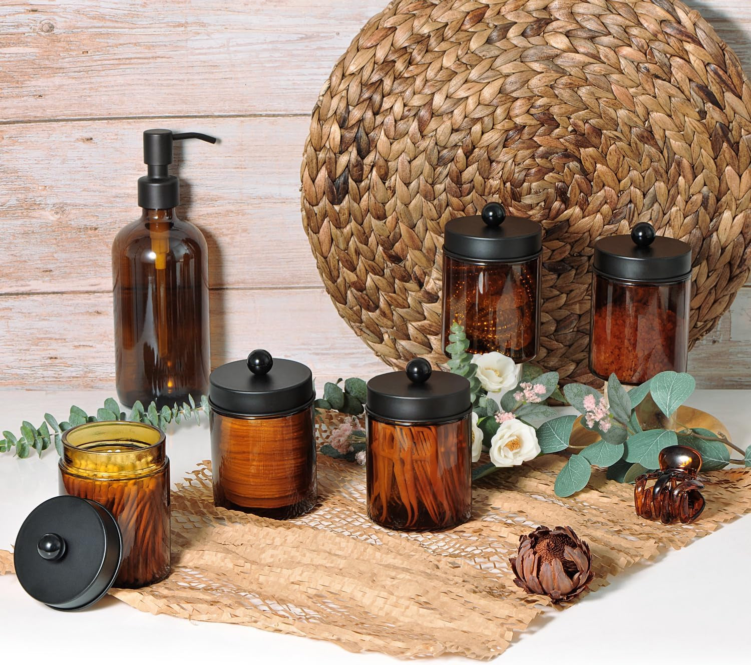 Amber Glass Qtip Holder, Apothecary Jars with Matte Black Metal Lid & Stickers-Bathroom Qtip Dispenser Storage Organizer Set,Vanity Counter Canister for Cotton Swabs,Round Pads,Floss (2 Pack)