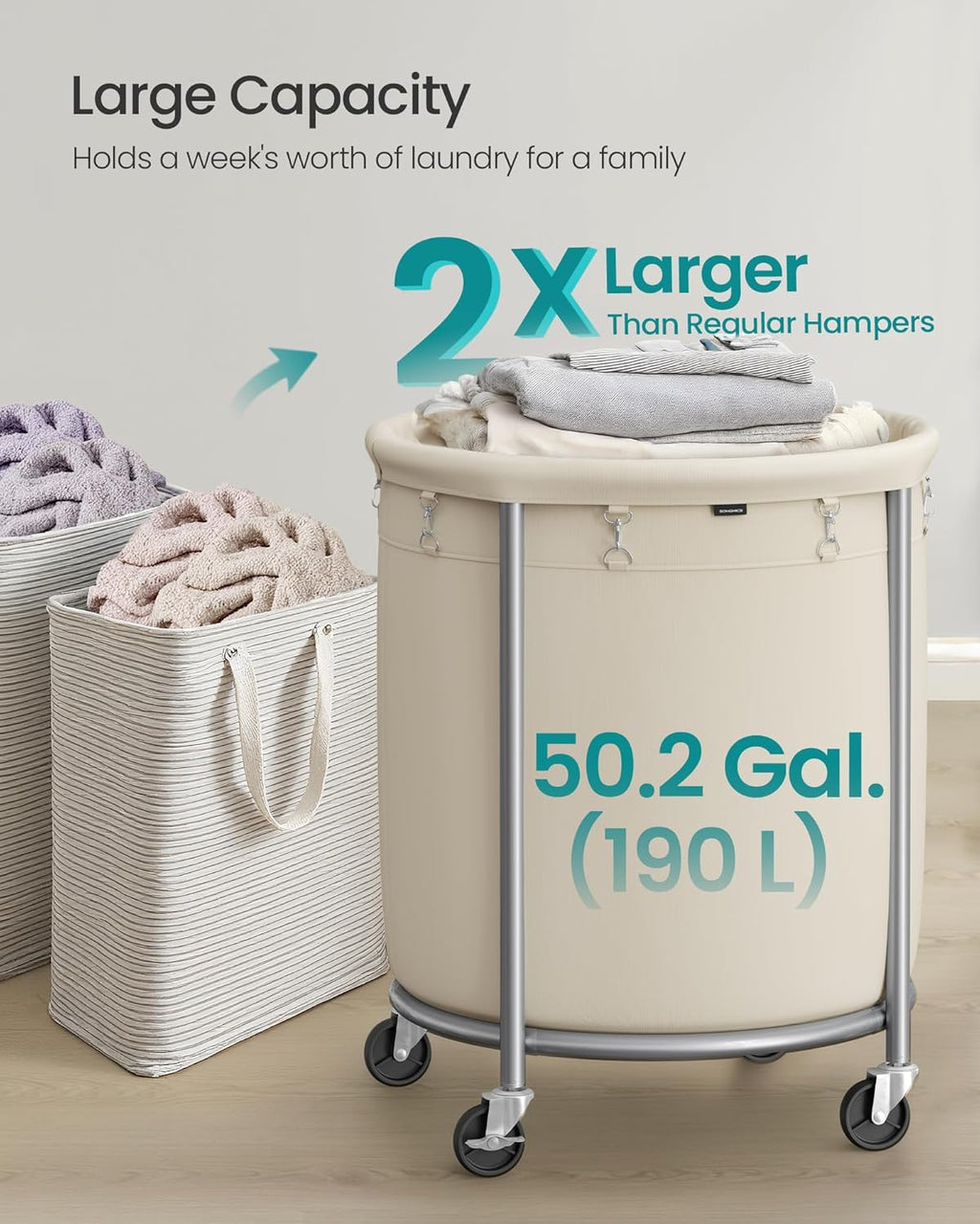 50.2-Gallon (190 L) Laundry Basket with Wheels, Rolling round Heavy-Duty Laundry Hamper Cart with Steel Frame and Removable Bag, 2 Locking Wheels, Cream White and Metallic Silver URLS01MZ
