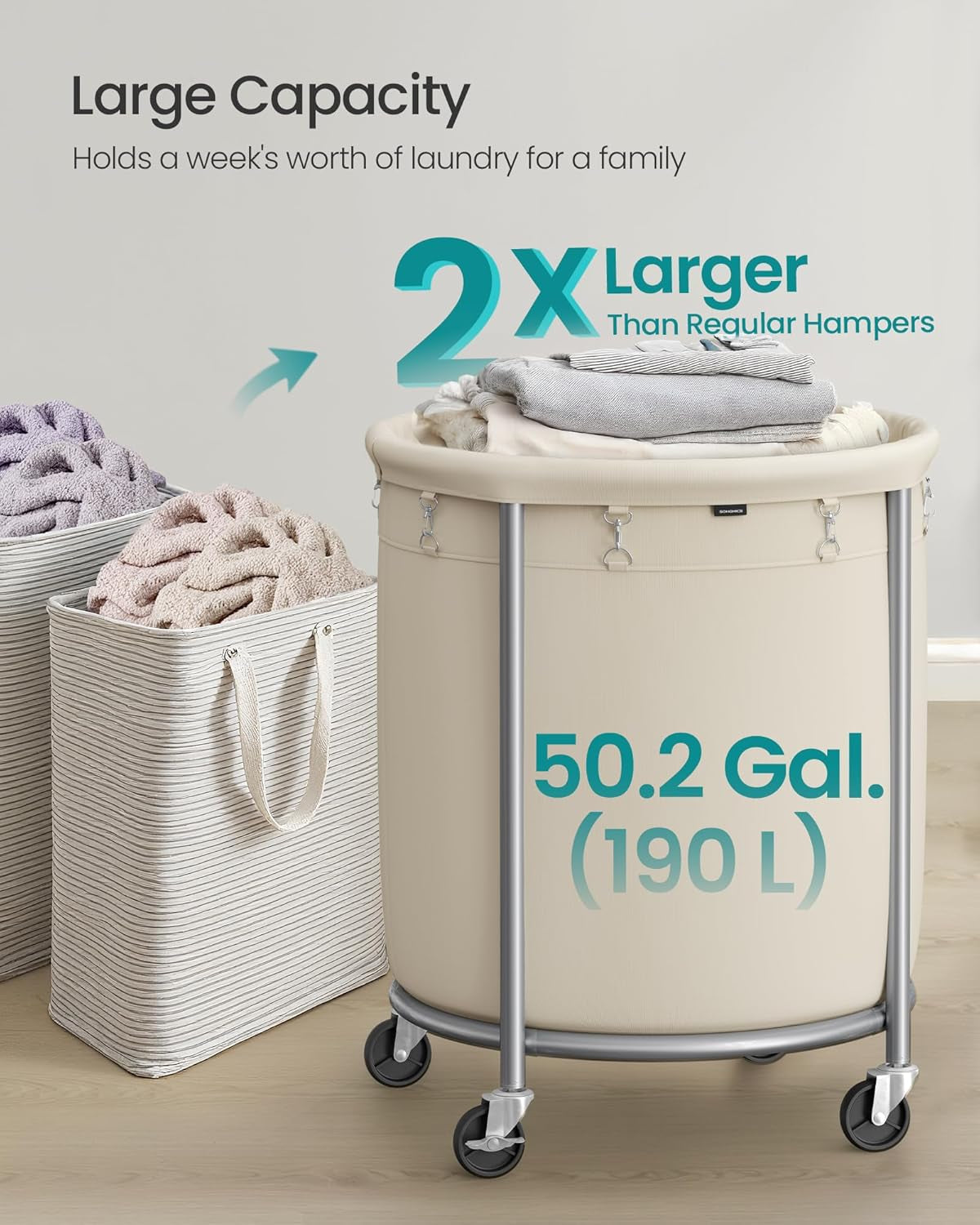 50.2-Gallon (190 L) Laundry Basket with Wheels, Rolling round Heavy-Duty Laundry Hamper Cart with Steel Frame and Removable Bag, 2 Locking Wheels, Cream White and Metallic Silver URLS01MZ
