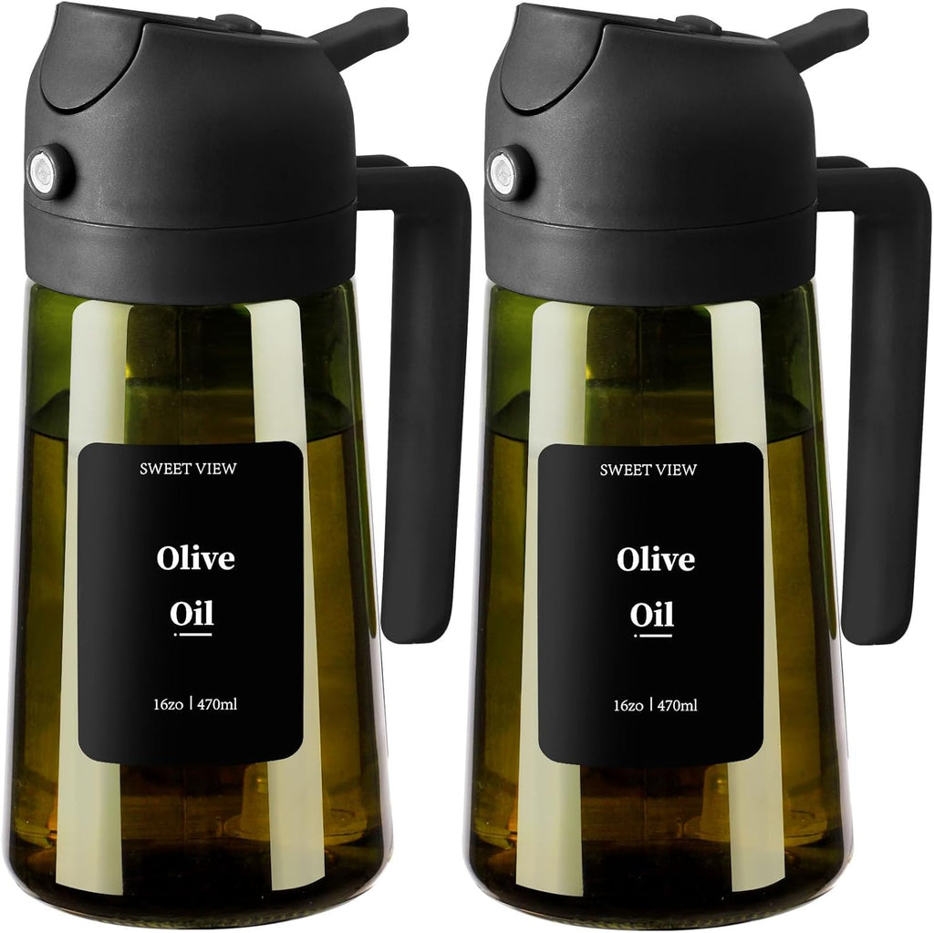 2PCS Olive Oil Dispenser and Oil Sprayer – 16Oz/470Ml Glass Light-Proof Oil Pourer for Kitchen Air Fryer, Cooking, Salad, and BBQ, with Stickers