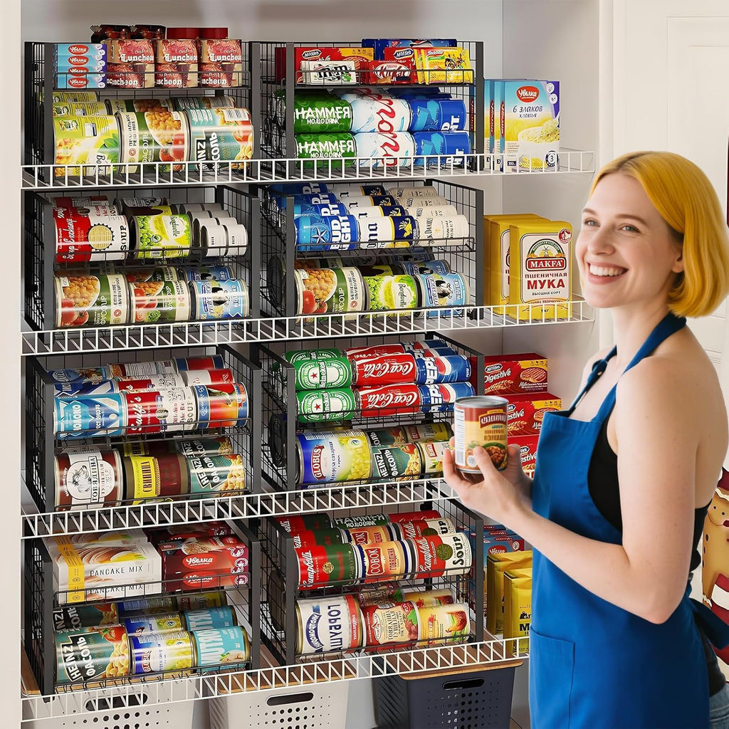 2-Tier Stackable Can Rack Organizer for Pantry, Adjustable Can Dispenser Holds up to 60 Cans, Can Storage Holder for Various Ounces of Canned Food Soda Drinks, Black, 2 Pack