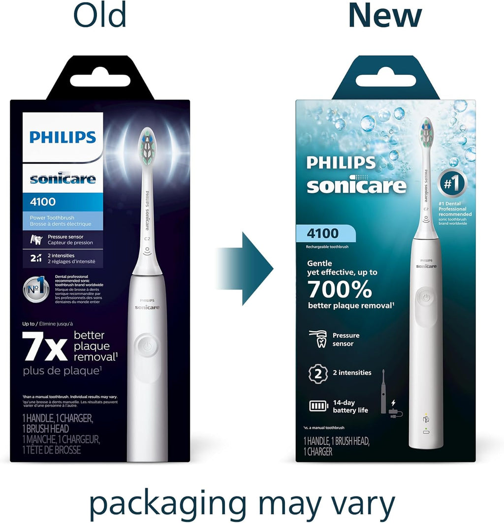 4100 Series Electric Toothbrush - Sonic Toothbrush with Advanced Sonic Technology, Pressure Sensor, Two Intensity Settings, Smartimer & Quadpacer, White, Model HX3681/23