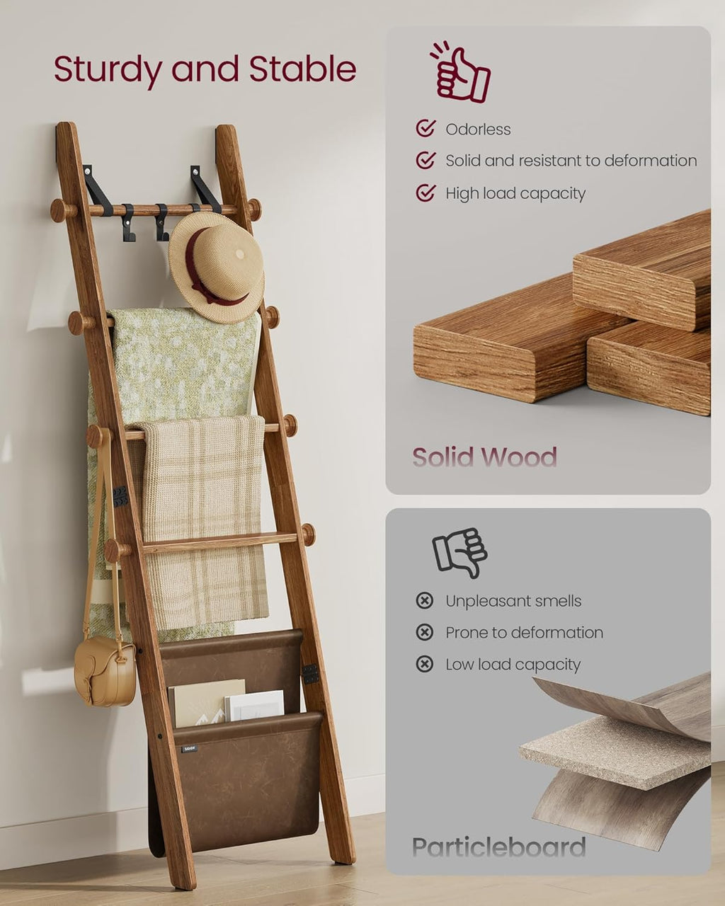 Blanket Ladder for Living Room, 5-Tier Wooden Ladder Shelf, Decorative Farmhouse Blanket Rack with Synthetic Leather Bag, Metal Hooks, Side Hooks, for Bedroom, Caramel Brown ULLS022K01
