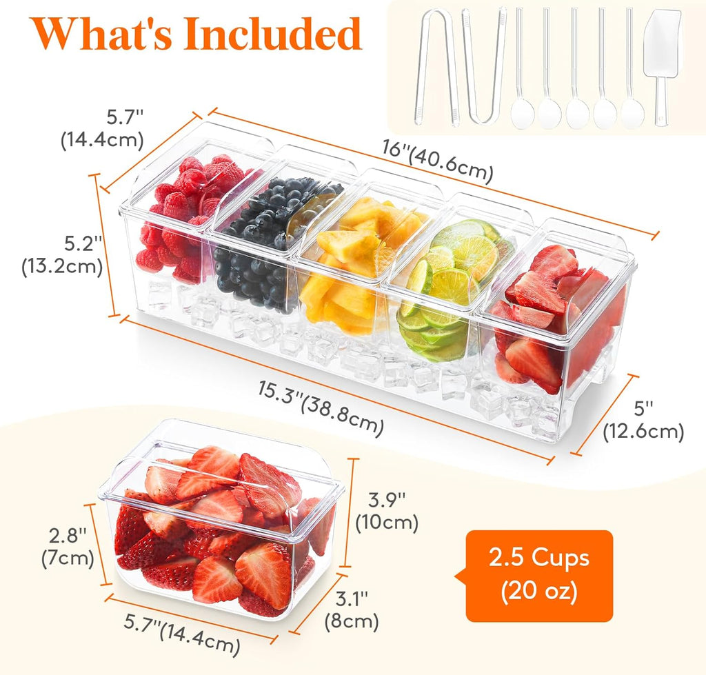 Taco Bar Serving Set for Party with 5 X 20 Oz Containers & Components, Ice Chilled Condiment Caddy Organizer, Garnish Serving Tray Platter for Mimosa Bar Accessories, Fruit, Salad, Food