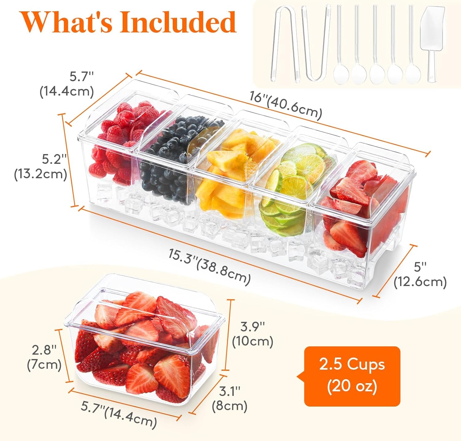 Taco Bar Serving Set for Party with 5 X 20 Oz Containers & Components, Ice Chilled Condiment Caddy Organizer, Garnish Serving Tray Platter for Mimosa Bar Accessories, Fruit, Salad, Food