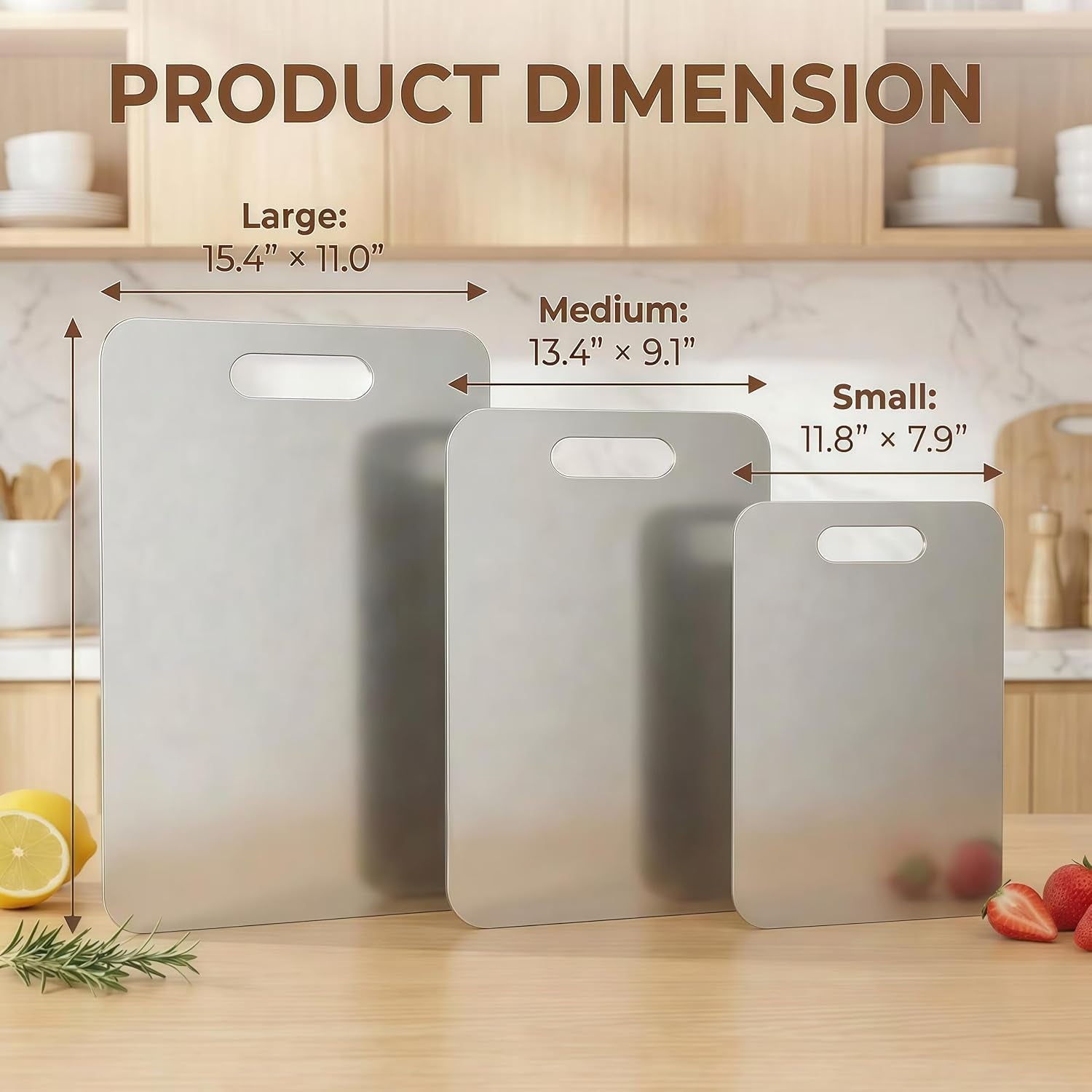Stainless Steel Cutting Boards for Kitchen, 3 PCS Non Toxic Metal Chopping Board Set, Dishwasher Safe & Warp Proof (15.3"X11", 13.4"X9", 11.8"X7.9" Inch)