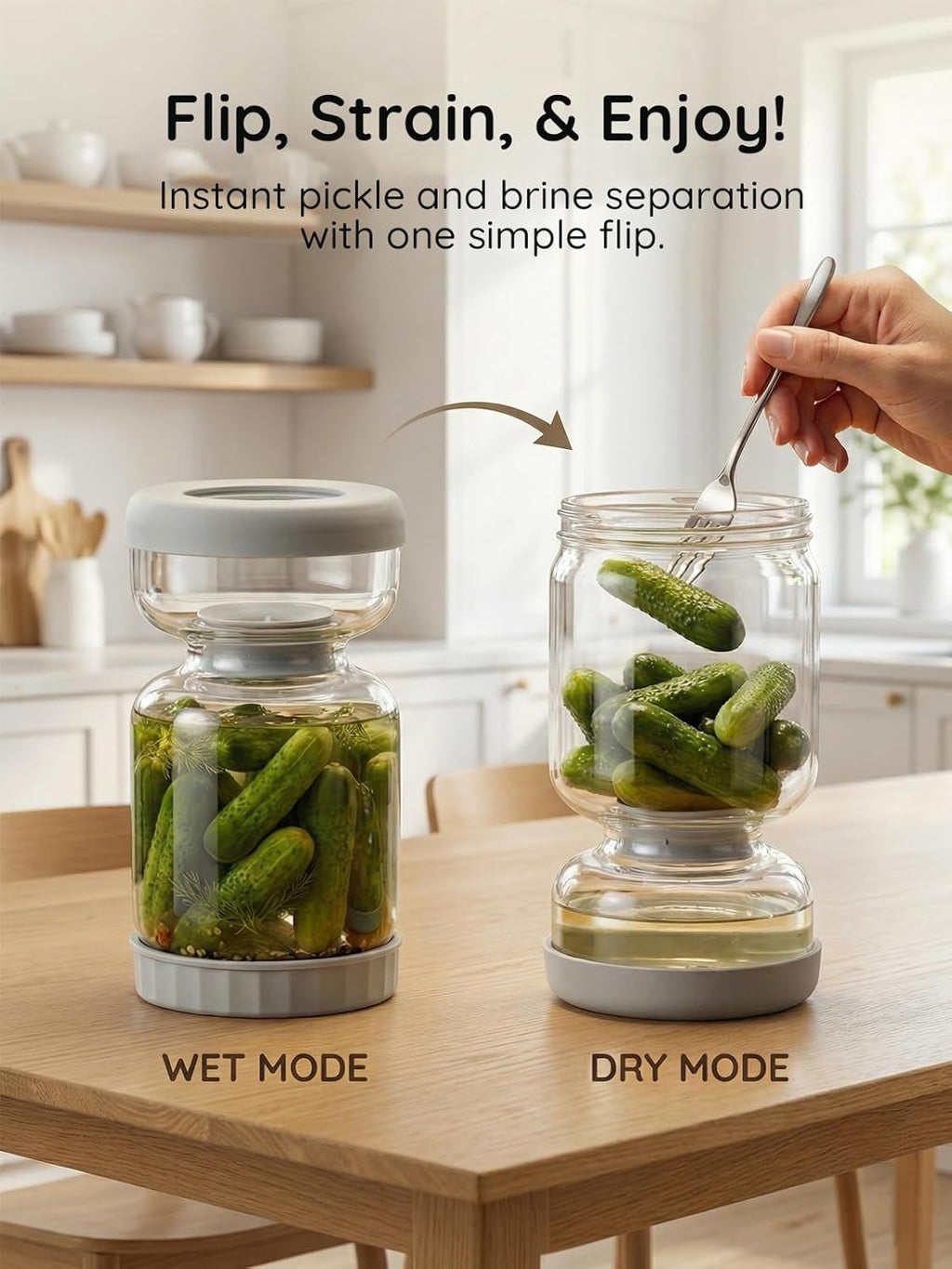 Pickle and Olive Hourglass Jar with Strainer Flip for Pickle Juice Separator from Wet and Dry, Upgrade Food-Grade ABS Lid and BPA Free Hourglass Jar for Airtight Storage
