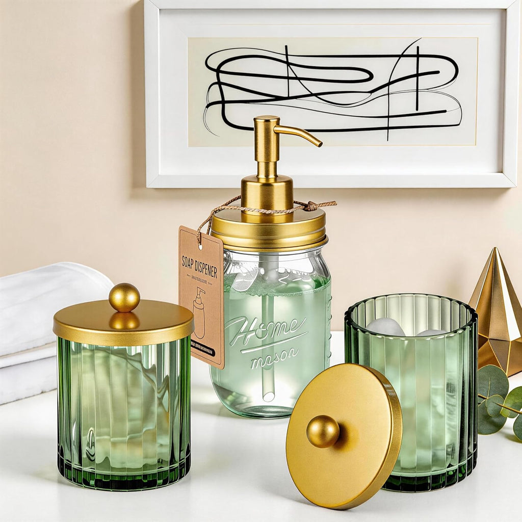 Sage Green Glass Qtip Holder Dispenser, Bathroom Canister Apothecary Jar for Cotton Swabs, Cotton Balls, round Pads, Floss Picks, Countertop Storage Organizer Container for Vanity,Gold 2 Pack