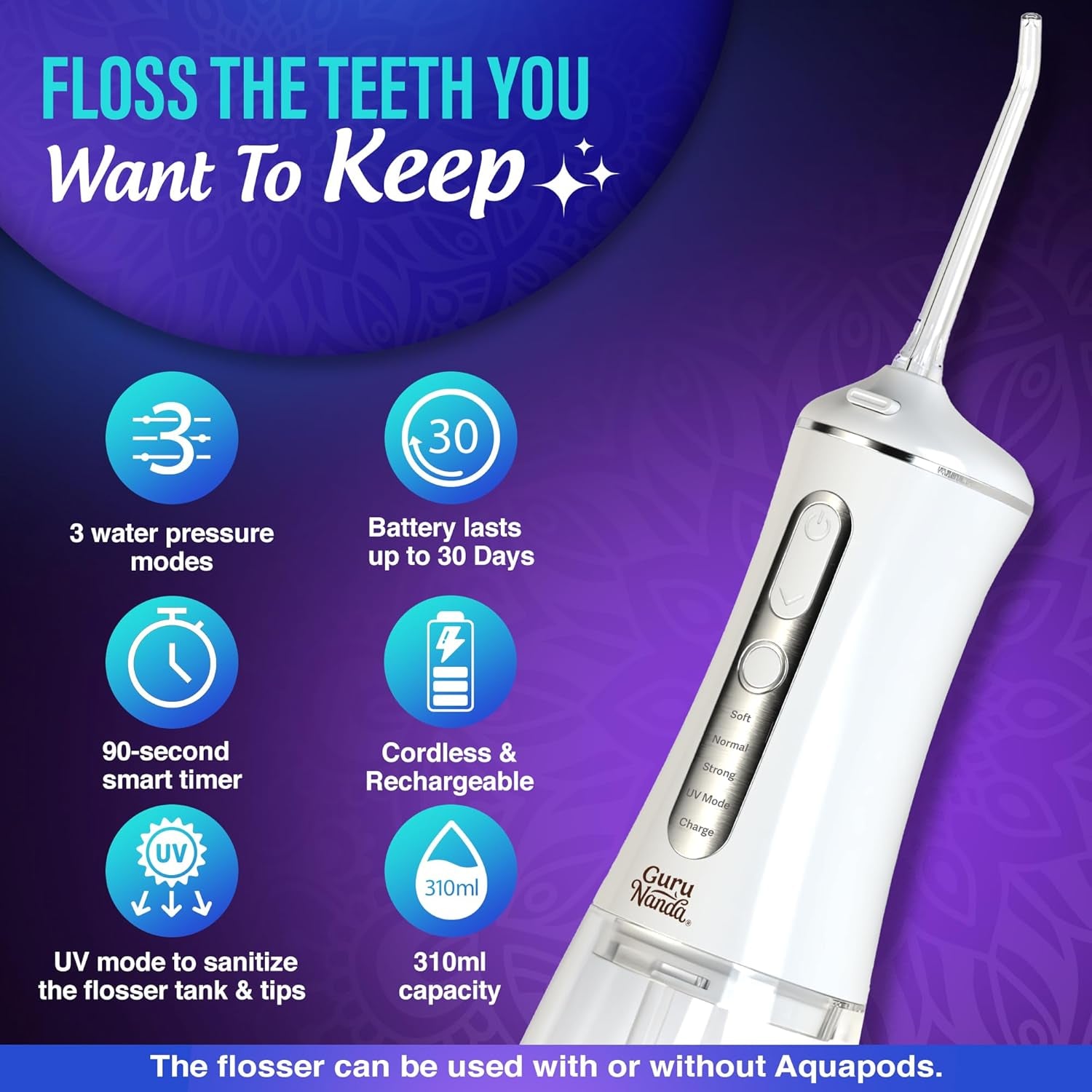 Advanced Dental Water Flosser 3.0 with UV Mode Water Flosser & 24 Aquapods with Mouthwash for Fresh Breath & Plaque Removal, Compact & Tsa-Friendly
