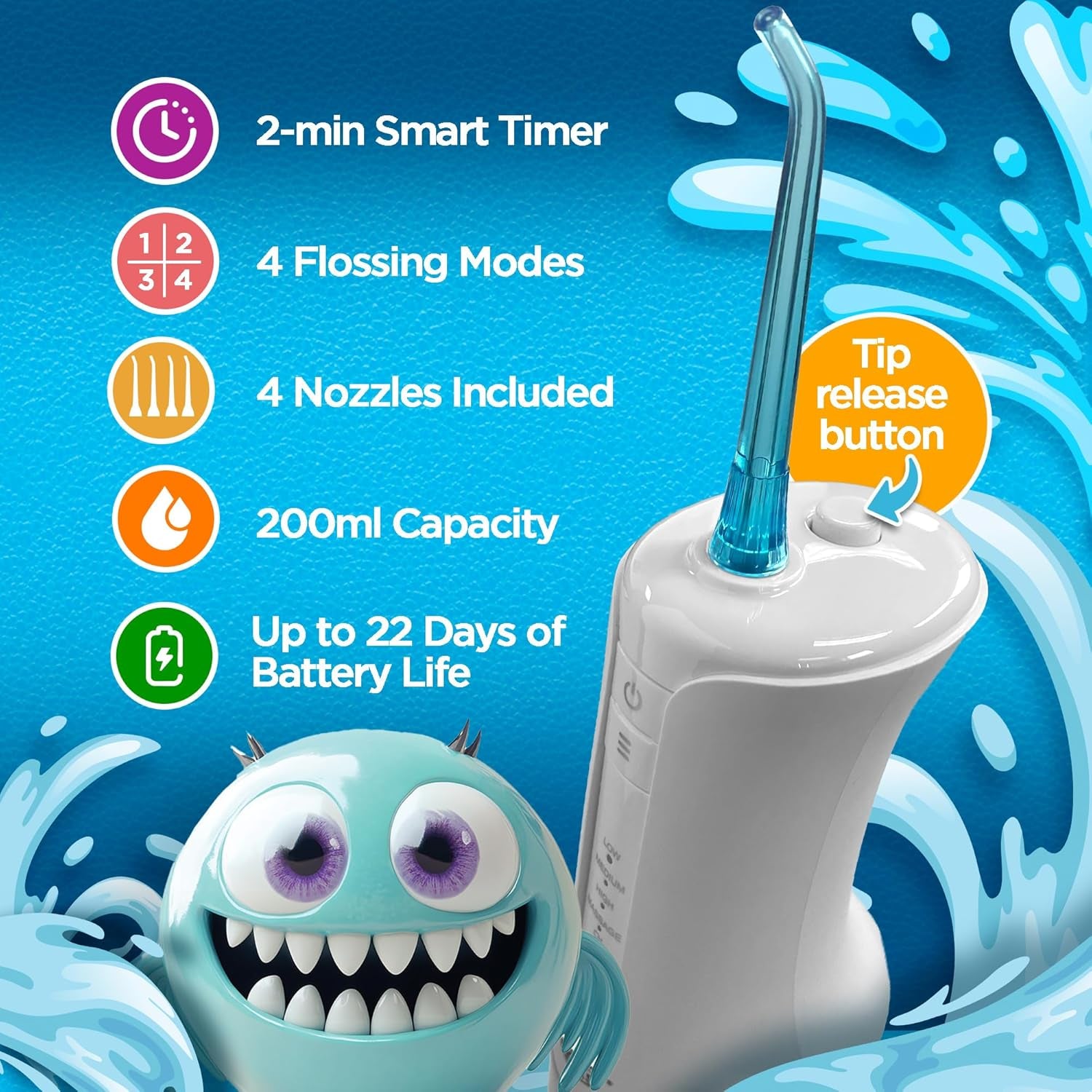 Kids Water Dental Flosser - 4 Flossing Modes, 4 Nozzles, 2-Min Smart Timer, Ages 6+, Monster Frens Theme, Portable Oral Care for Kids