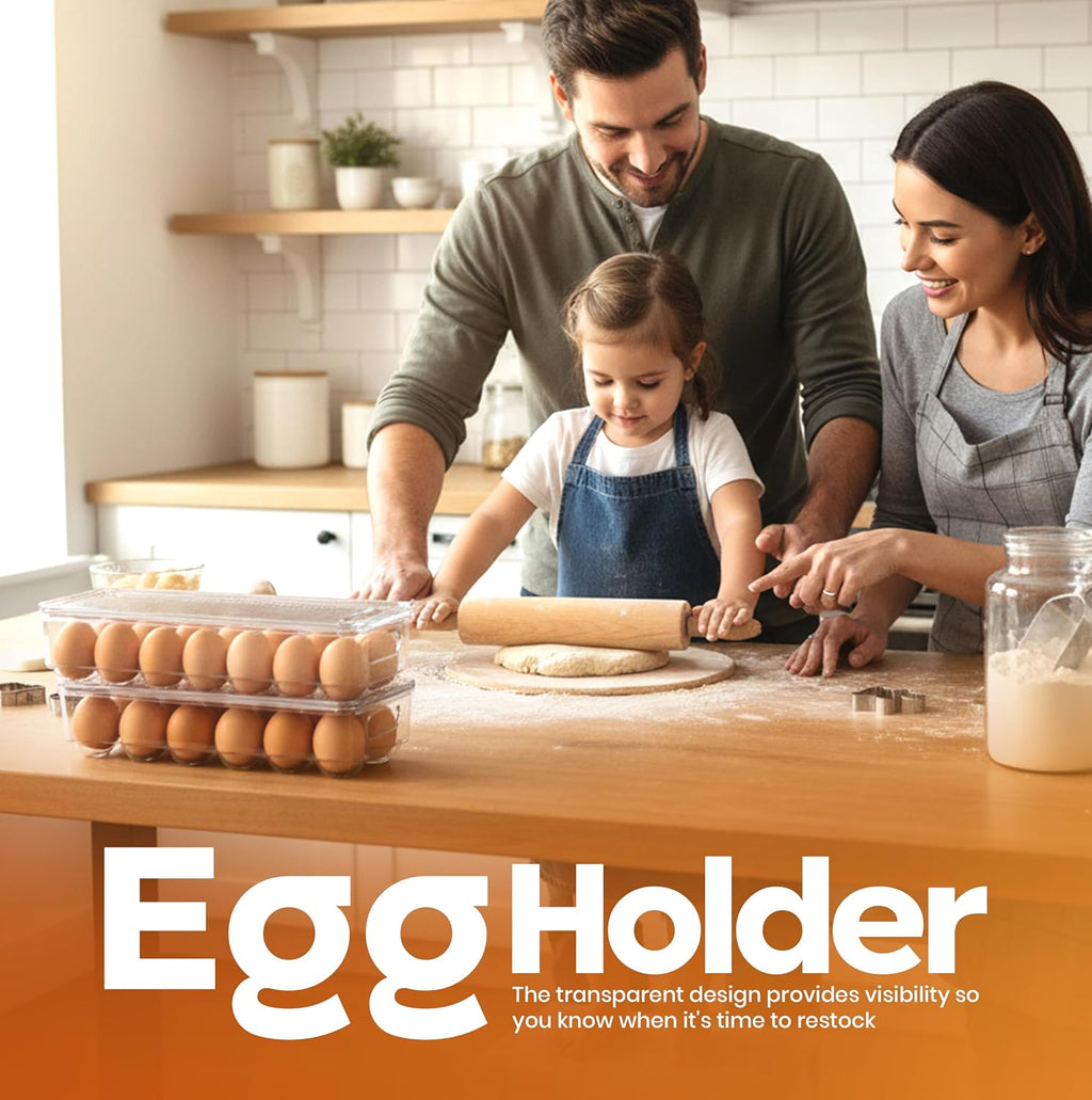 Egg Container with Lid and Handle for Refrigerator Organization- Pack of 2 - Clear Stackable Egg Holder for Kitchen or Pantry Organizers and Storage