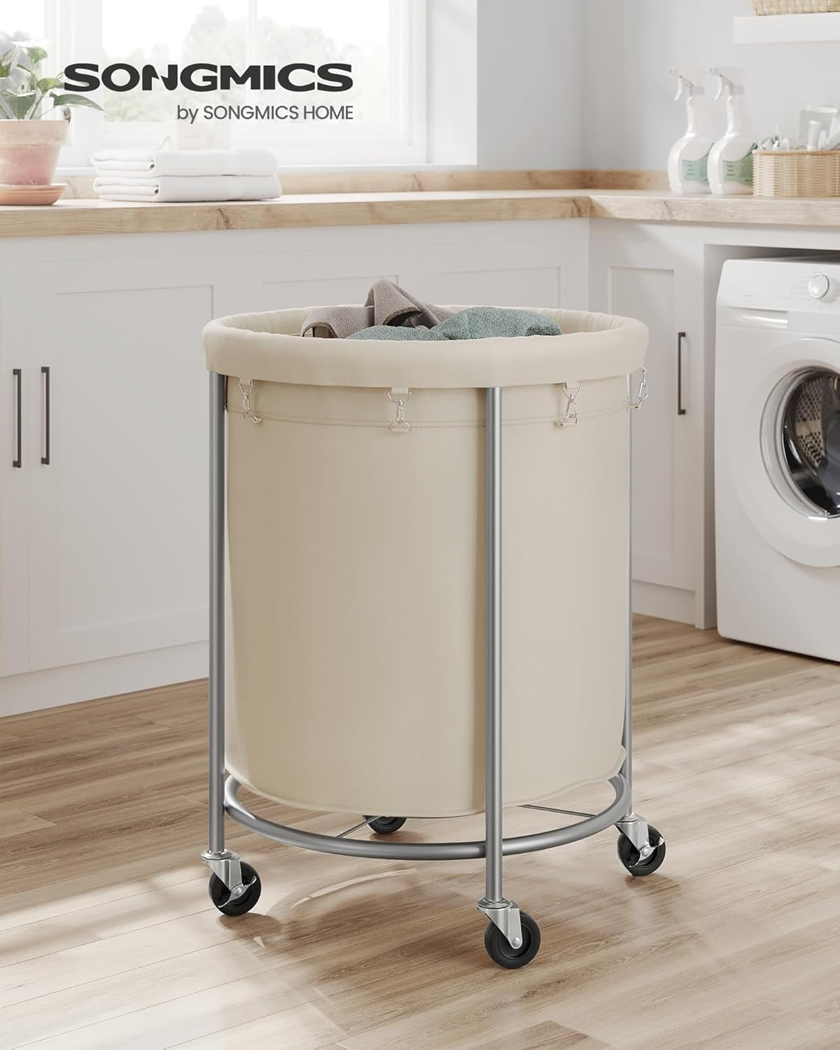 50.2-Gallon (190 L) Laundry Basket with Wheels, Rolling round Heavy-Duty Laundry Hamper Cart with Steel Frame and Removable Bag, 2 Locking Wheels, Cream White and Metallic Silver URLS01MZ