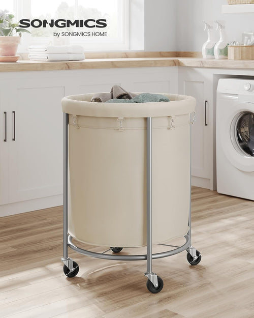 50.2-Gallon (190 L) Laundry Basket with Wheels, Rolling round Heavy-Duty Laundry Hamper Cart with Steel Frame and Removable Bag, 2 Locking Wheels, Cream White and Metallic Silver URLS01MZ