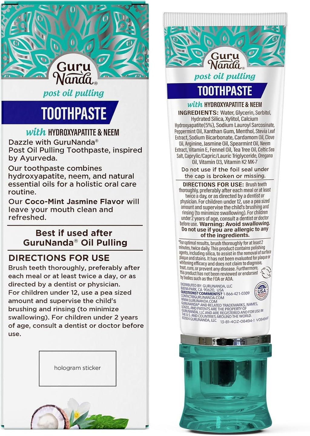 Hydroxyapatite Toothpaste for Whitening with Neem & Xylitol, SLS & Fluoride Free Formula with Tongue Scraper & Squeezer - Freshens Breath, Fights Plaque - Natural Cocomint Jasmine, 4.2Oz