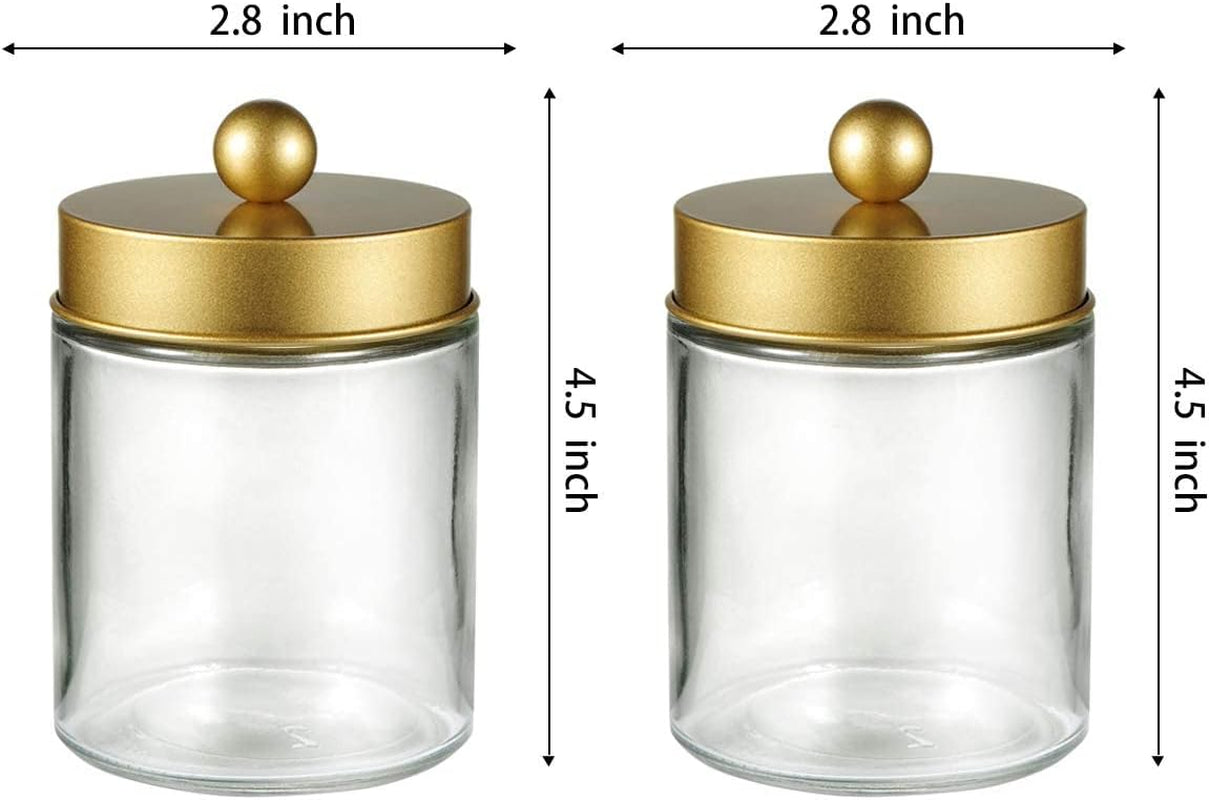 Apothecary Jars Bathroom Storage Organizer -Countertop Storage Organizer Canister Jar - Cute Qtip Dispenser Holder Glass with Lid- for Cotton Swabs,Bath Salts,Hair Band / 2-Pack(Gold)