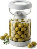 Pickle and Olive Hourglass Jar with Strainer Flip for Pickle Juice Separator from Wet and Dry, Upgrade Food-Grade ABS Lid and BPA Free Hourglass Jar for Airtight Storage