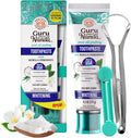 Hydroxyapatite Toothpaste for Whitening with Neem & Xylitol, SLS & Fluoride Free Formula with Tongue Scraper & Squeezer - Freshens Breath, Fights Plaque - Natural Cocomint Jasmine, 4.2Oz