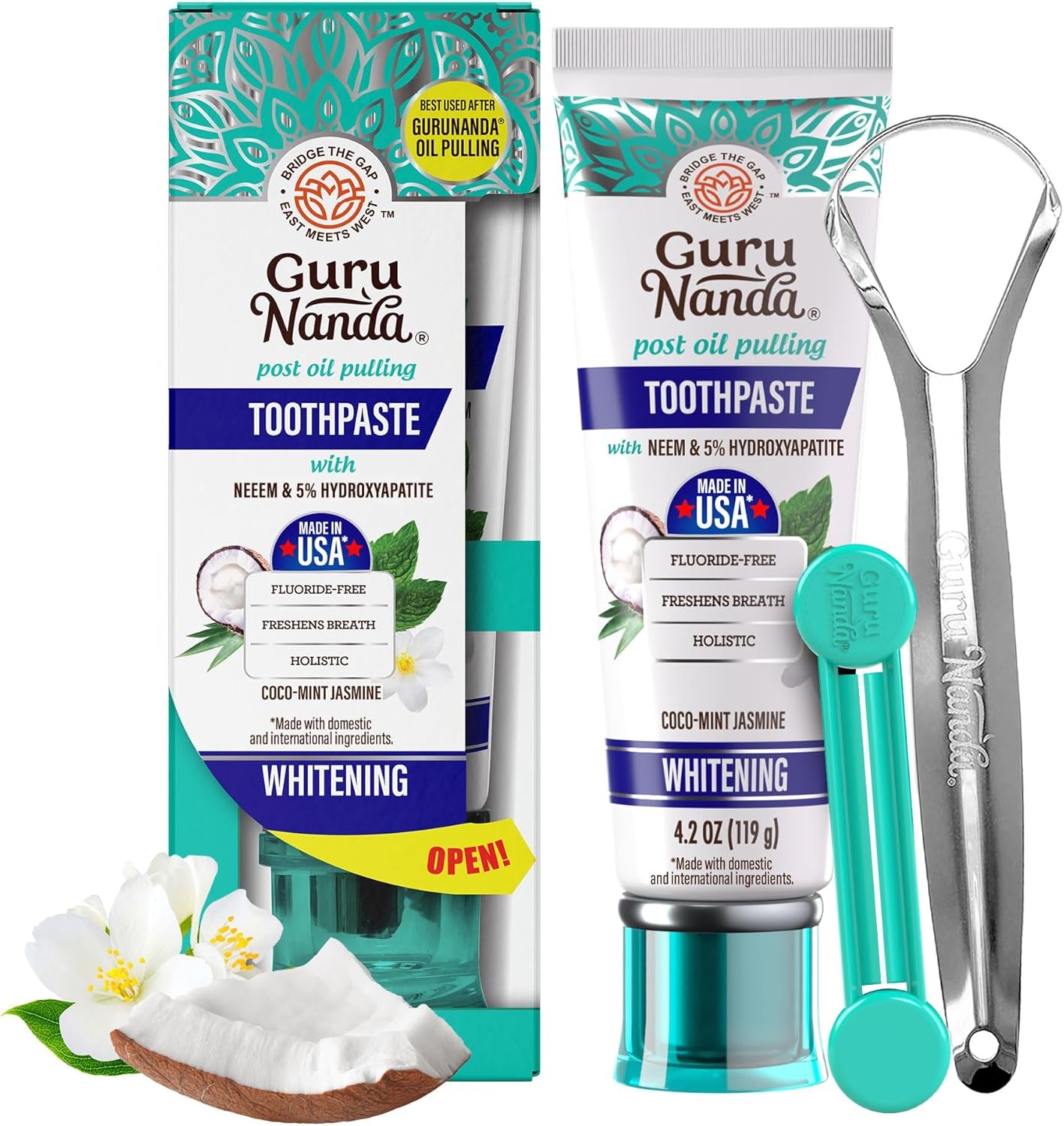 Hydroxyapatite Toothpaste for Whitening with Neem & Xylitol, SLS & Fluoride Free Formula with Tongue Scraper & Squeezer - Freshens Breath, Fights Plaque - Natural Cocomint Jasmine, 4.2Oz