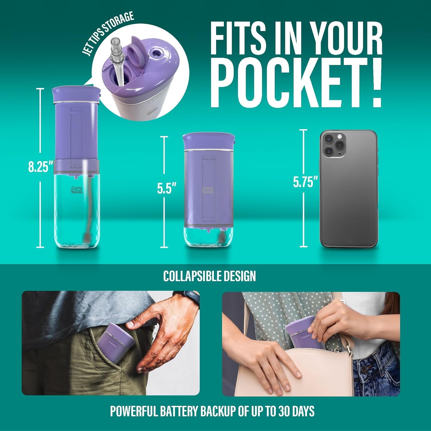 Compact Water Dental Flosser, Portable Travel Size Oral Irrigator Flosser with Collapsible 180 Ml Tank, Smart Timer, 4 Flossing Modes, Tsa-Friendly - Lavender