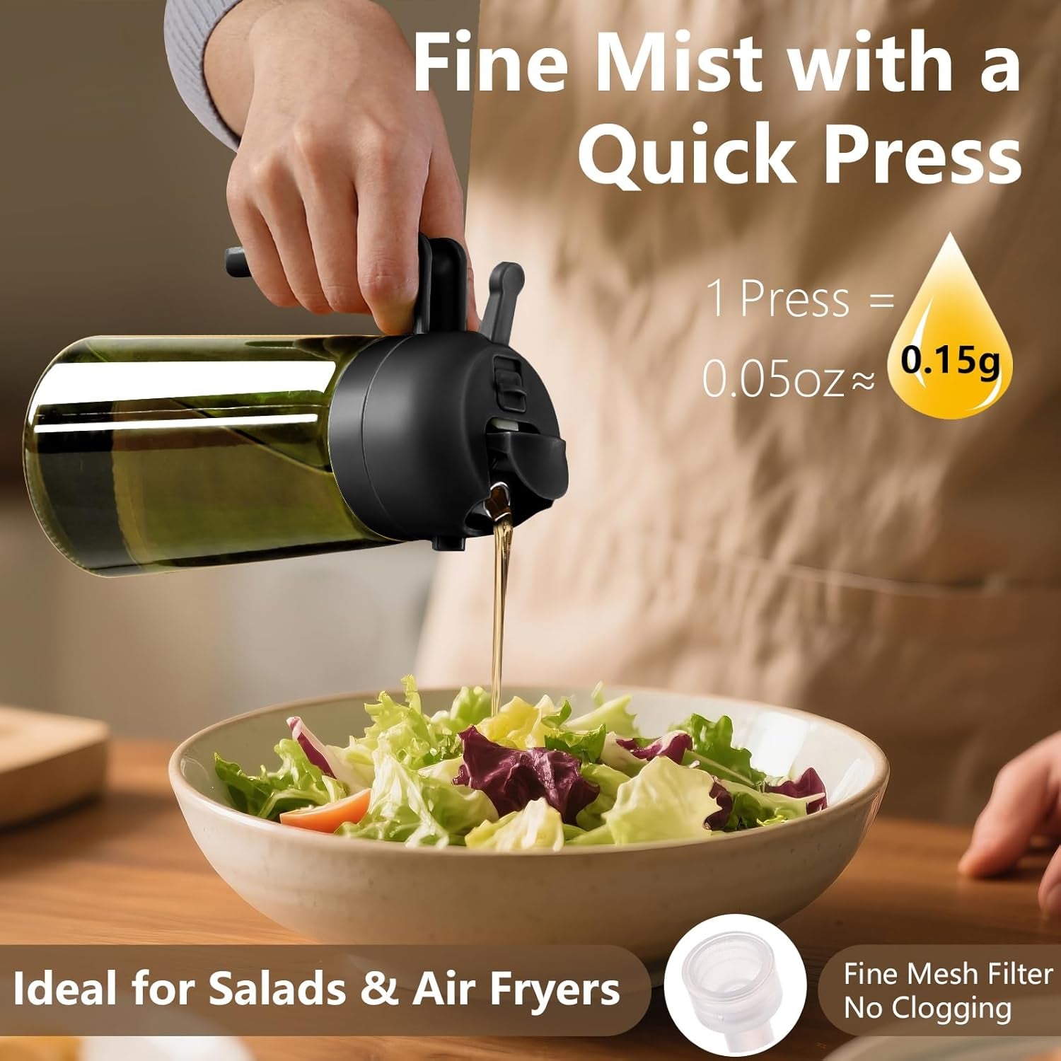 2PCS Olive Oil Dispenser and Oil Sprayer – 16Oz/470Ml Glass Light-Proof Oil Pourer for Kitchen Air Fryer, Cooking, Salad, and BBQ, with Stickers