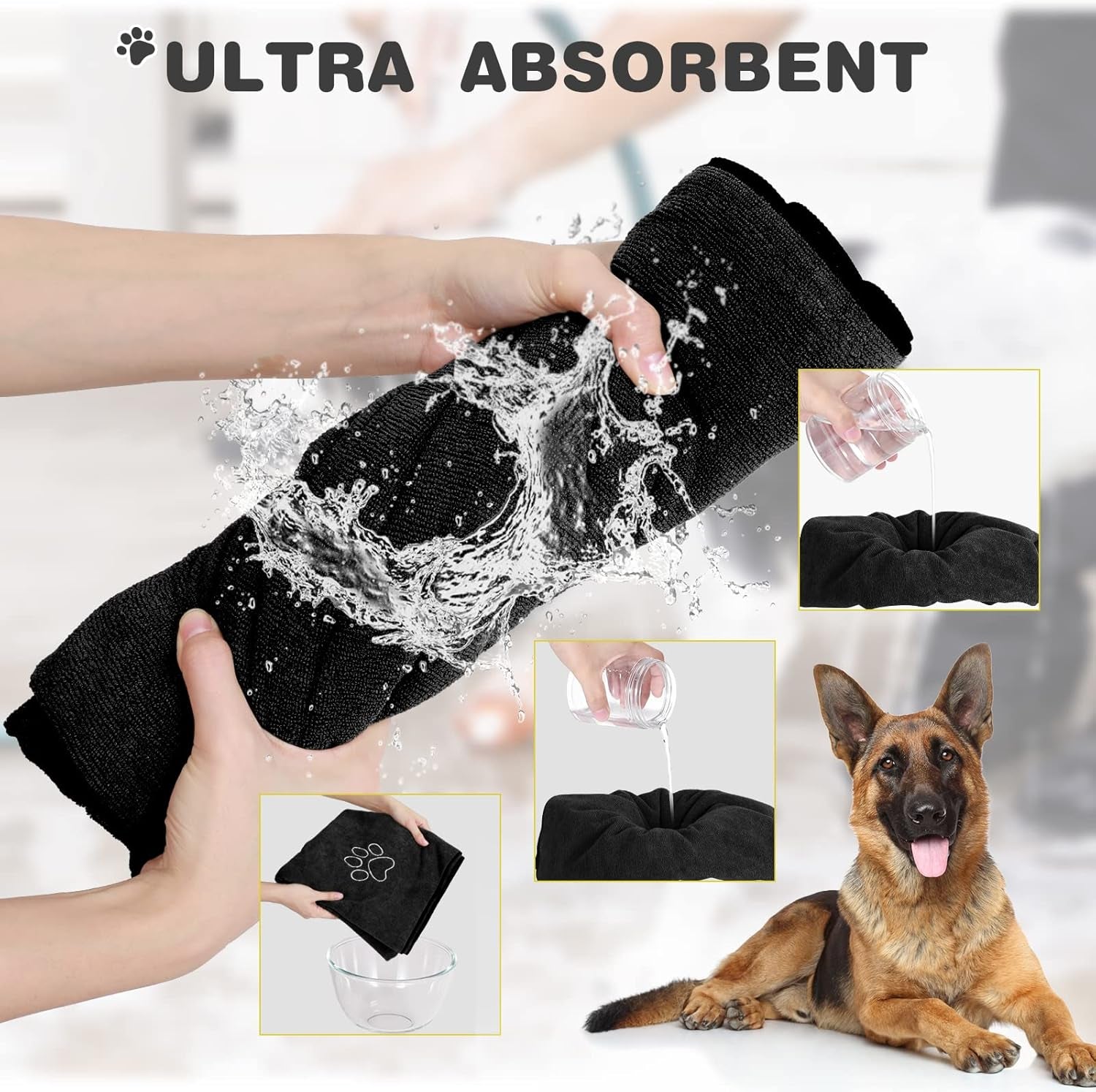 4 Pack Dog Towels for Drying Large Microfiber Grooming Tools Absorbent Soft Bath Supplies with Embroidered Paw for Small Medium Pet Products(16 X 32 Inch,Black)