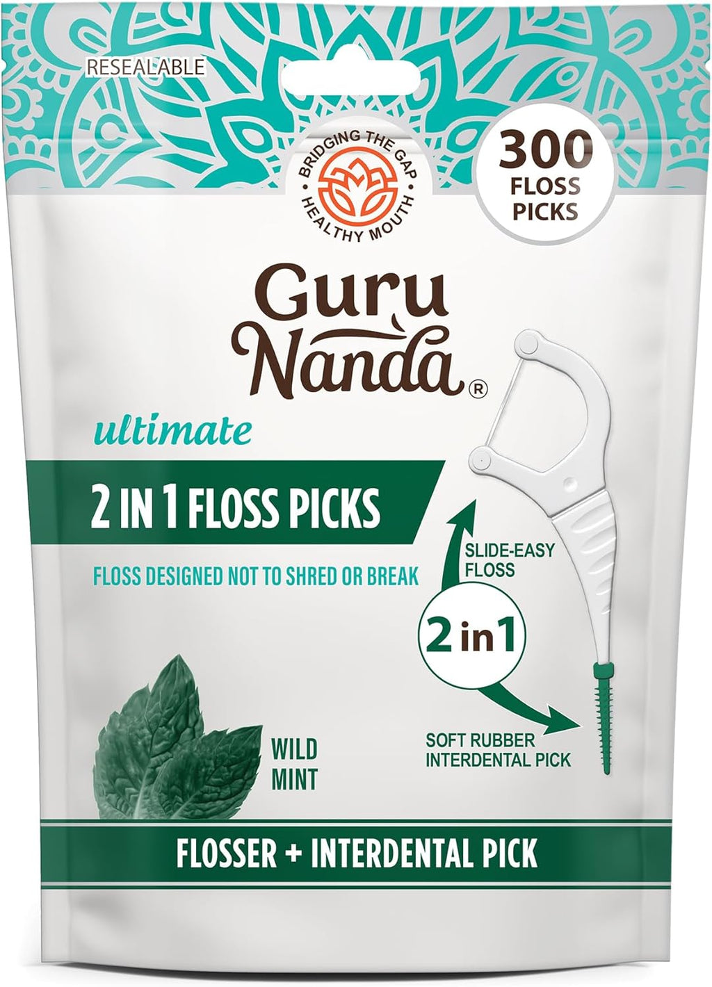 2 in 1 Dental Floss Picks for Oral Care, PFAS Free – Non-Slip Grip, Slide Easy, No Break or Shred Flosser with Interdental Pick for Healthy Teeth & Gums – Mint Flavor, 300 Count (1 Pack)