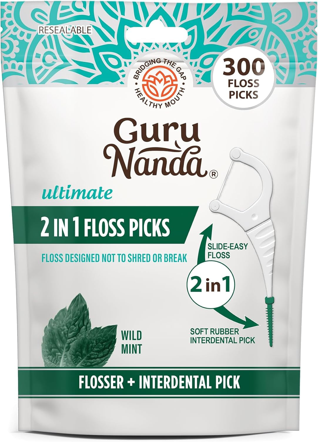 2 in 1 Dental Floss Picks for Oral Care, PFAS Free – Non-Slip Grip, Slide Easy, No Break or Shred Flosser with Interdental Pick for Healthy Teeth & Gums – Mint Flavor, 300 Count (1 Pack)