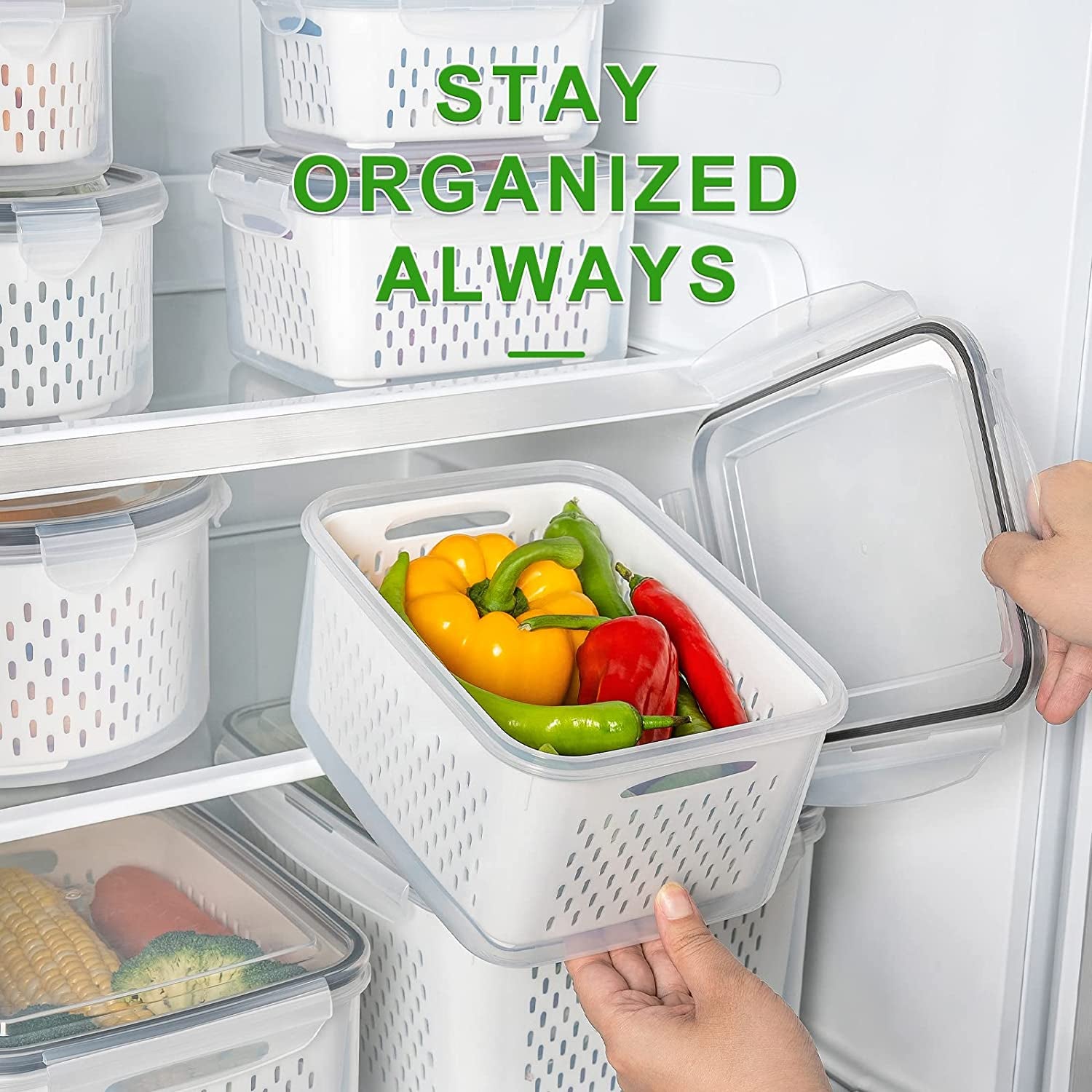 5 PCS Large Fruit Containers for Fridge - Leakproof Food Storage Containers with Removable Colander - Dishwasher & Microwave Safe Produce Containers Keep Fruits, Vegetables, Berry, Meat Fresh Longer